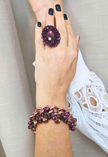 Pulseira Arminda luxo com pedras e cristais ametista banhado no vintage