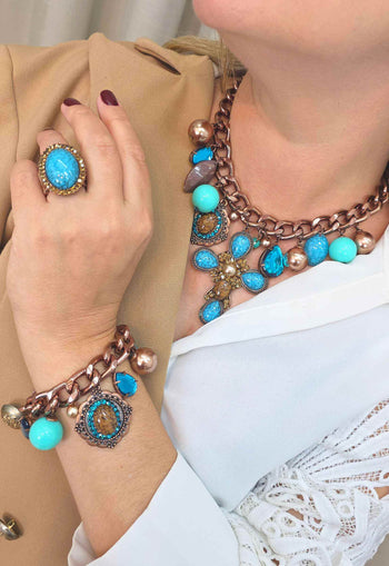 Pulseira Elos Azul Pérola Rosê Vintage Ajustável | Pulseira Antiquário