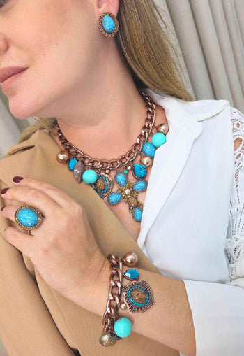 Pulseira Elos Azul Pérola Rosê Vintage Ajustável | Pulseira Antiquário