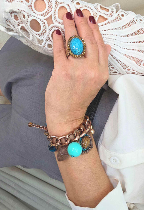 Pulseira Elos Azul Pérola Rosê Vintage Ajustável | Pulseira Antiquário