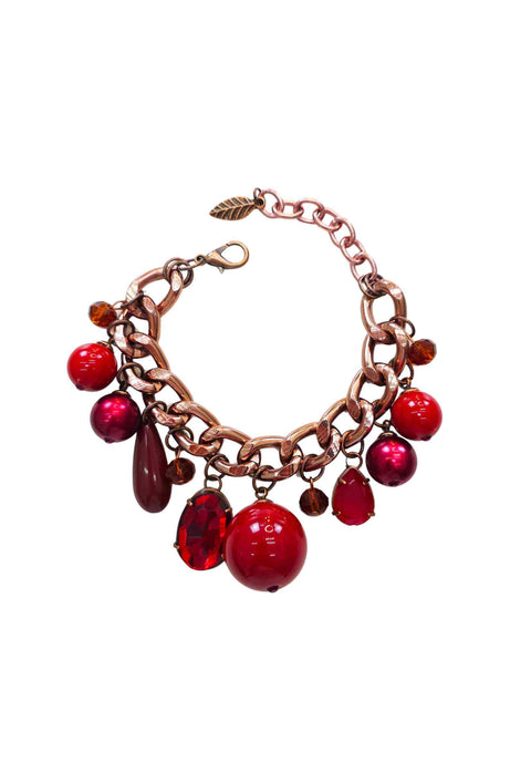 Pulseira Monique: Com Mix de Pingentes e Pedras Vermelhas no Vintage | Acessório de Luxo
