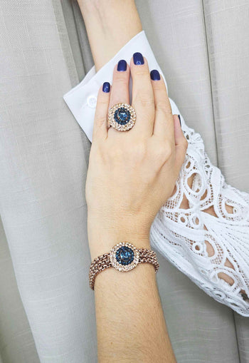 Pulseira Barcelona com cristais azuis e pêssego banhado no vintage