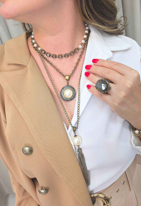 Colar Sucesso ouro velho com perolas e pedras black diamond